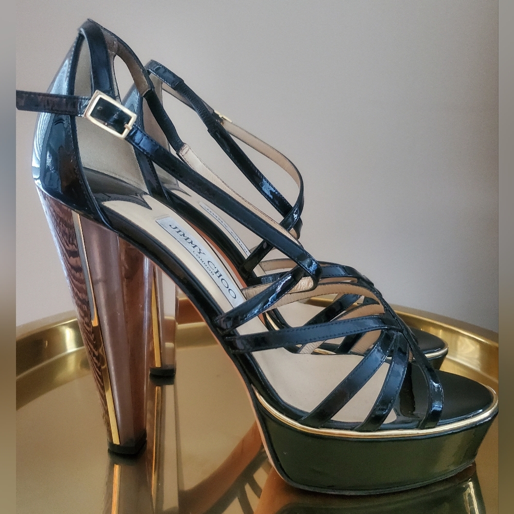 Jimmy Choo Black Patent Leather Platform Sandals with Wood-Effect Heels - Picture 8 of 16